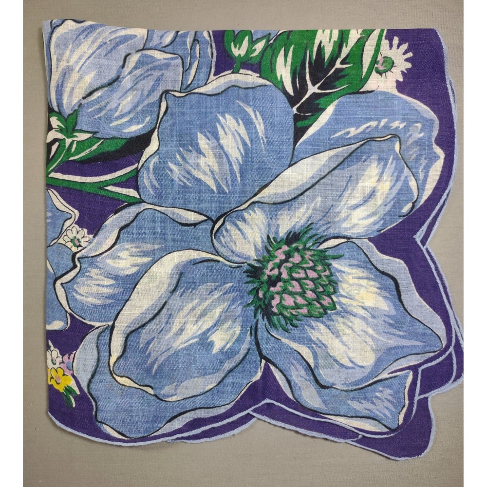 Vintage Purple Floral Handkerchief Blue Magnolia Scalloped Edge 16.5" x 16.5"
